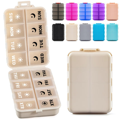 LANDNEOO khaki supplement holder showing multiple fish oil capsules fitting comfortably inside an individual compartment.