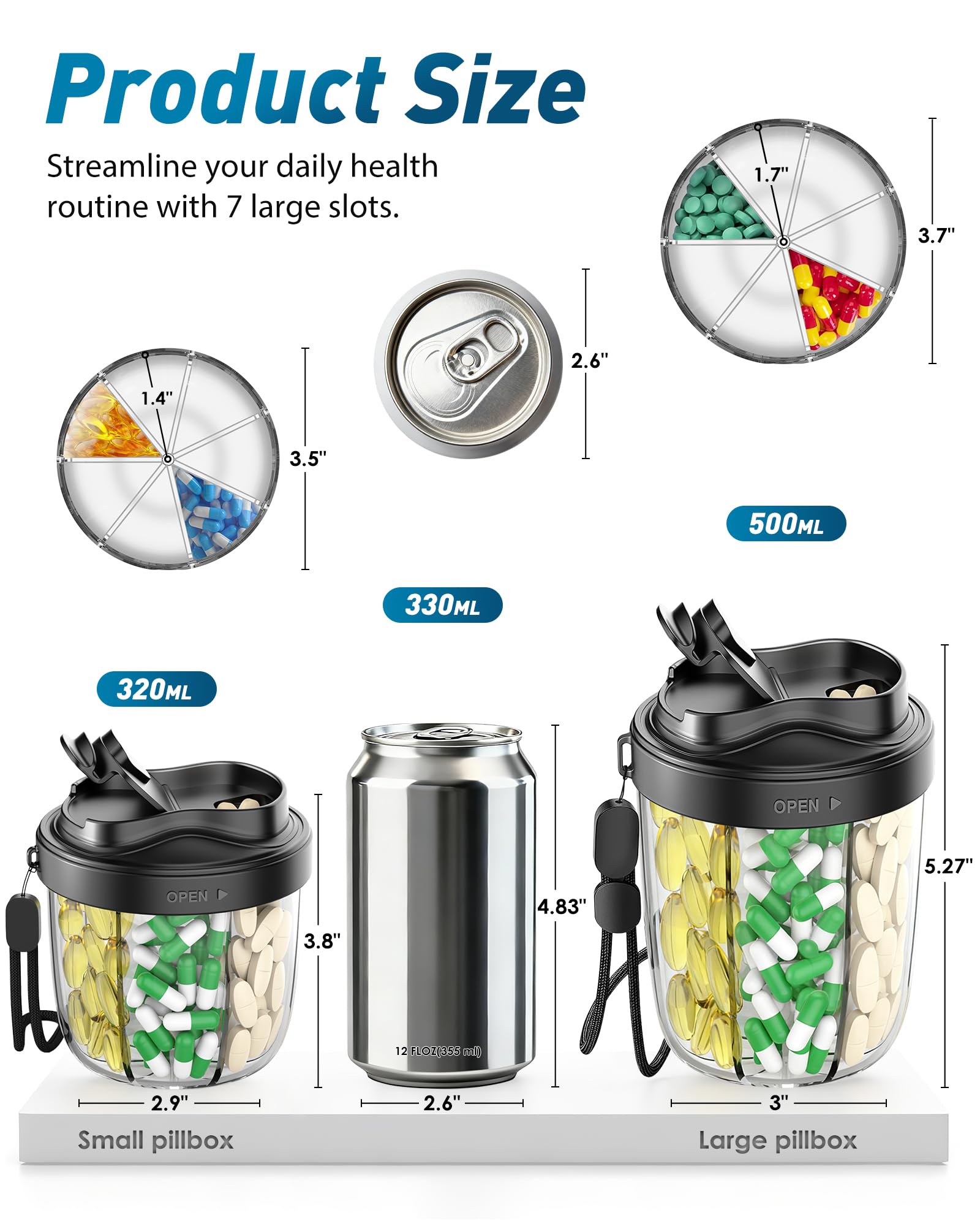 Navikia portable medicine dispenser showing the seven large interior slots filled with assorted capsules.