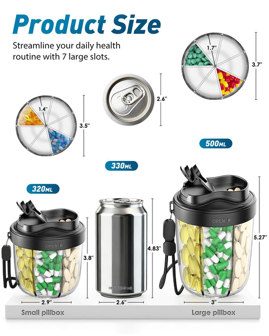 Navikia portable medicine dispenser showing the seven large interior slots filled with assorted capsules.