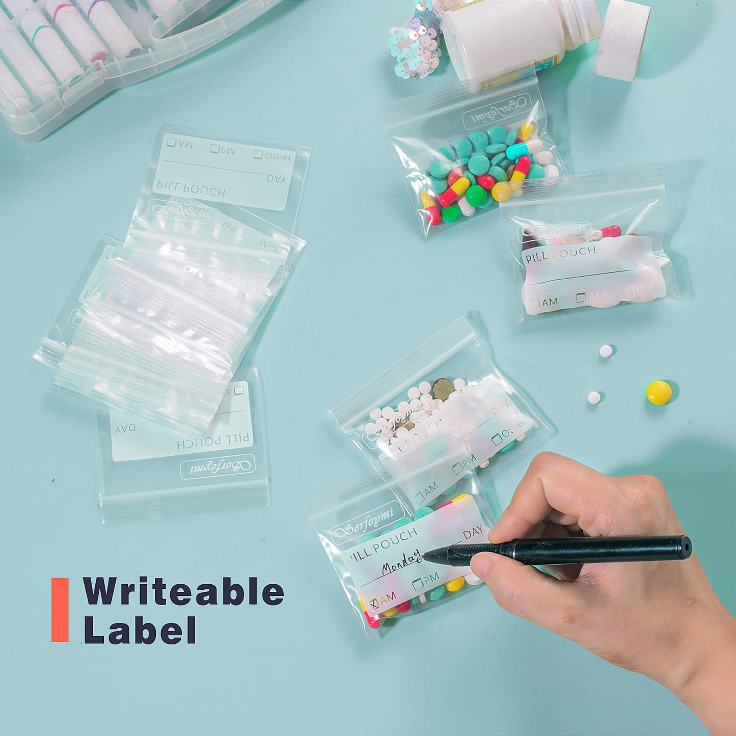 Serfeymi clear plastic bags for pills showcasing transparent backing design
