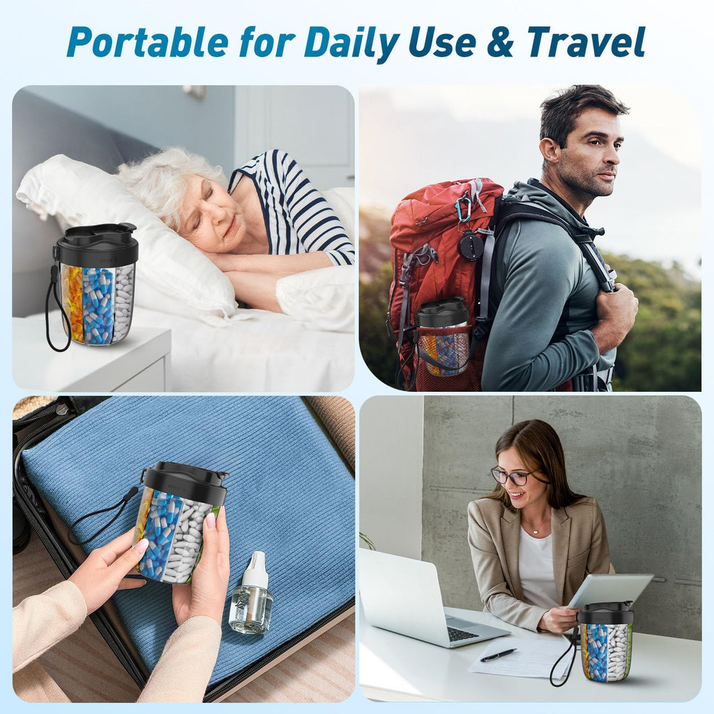 Navikia travel vitamin container highlighting the rotating swivel cover and wide opening mechanism.