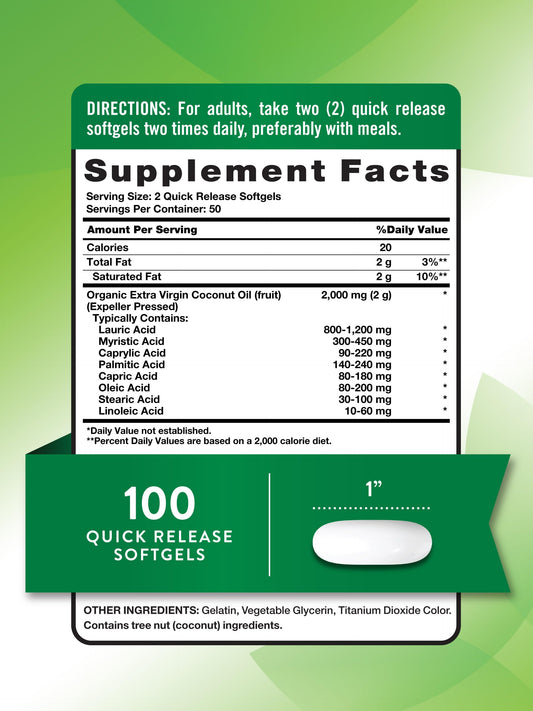 Nature's Truth organic extra virgin coconut oil capsules supplement details side panel