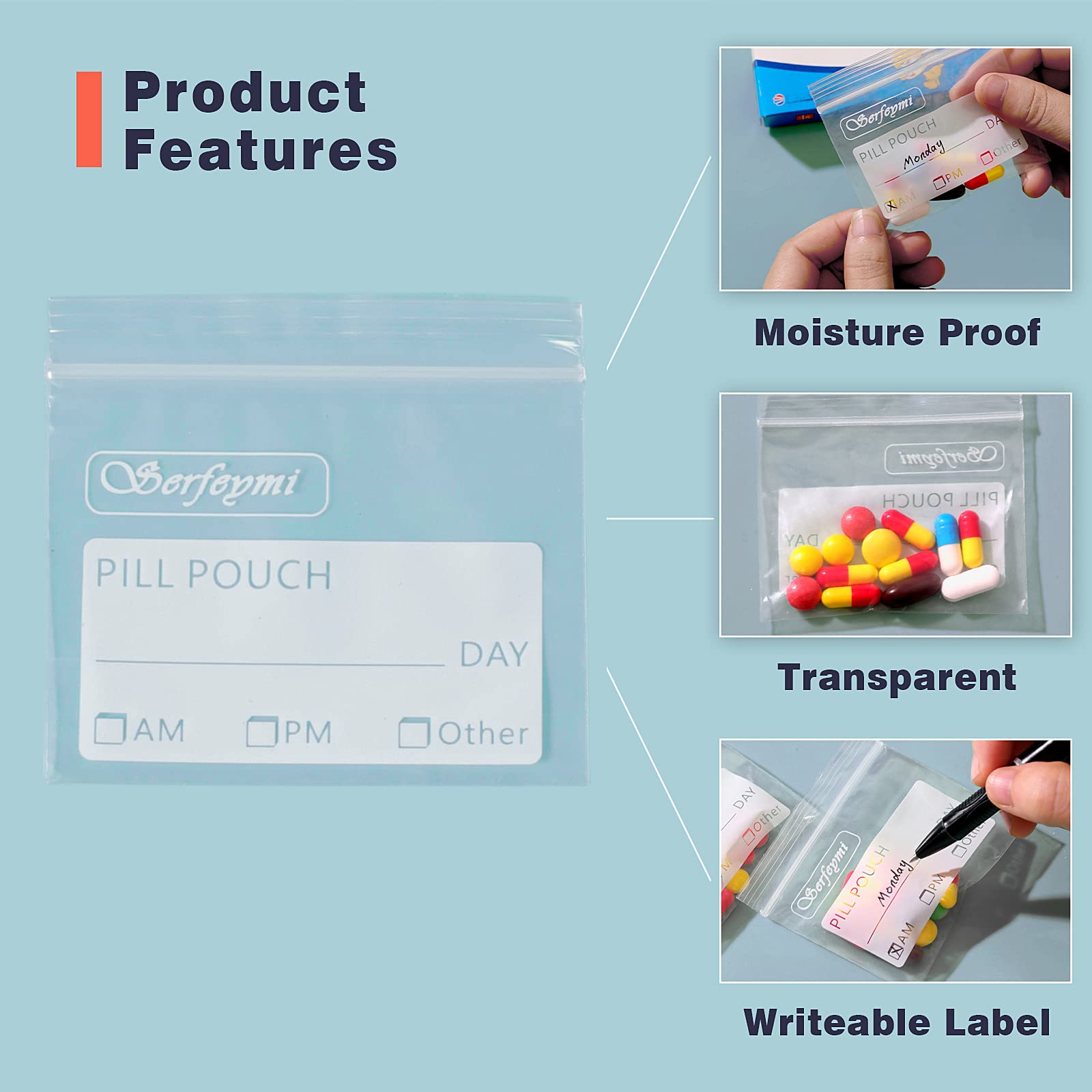 Serfeymi bisphenol A free daily medicine organizer pouch dimension demonstration