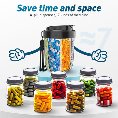 Navikia seven day pill container being carried by its durable black nylon wrist strap.