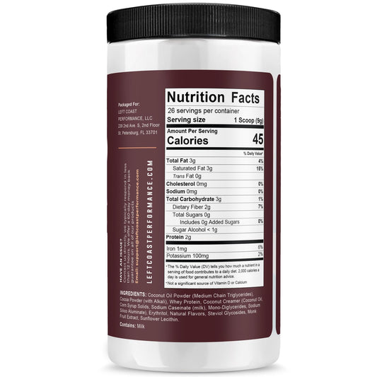 Left Coast Performance keto hot chocolate powder packaging
