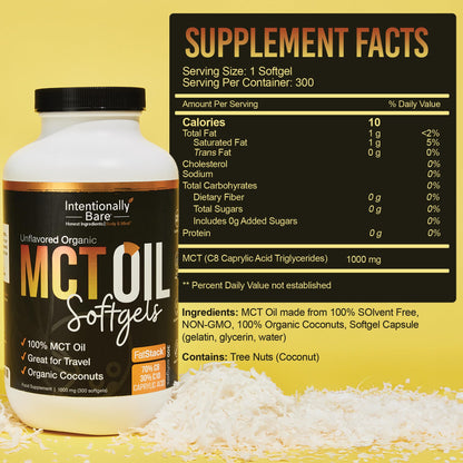 Intentionally Bare coconut MCT oil softgels showing capsule size and texture.