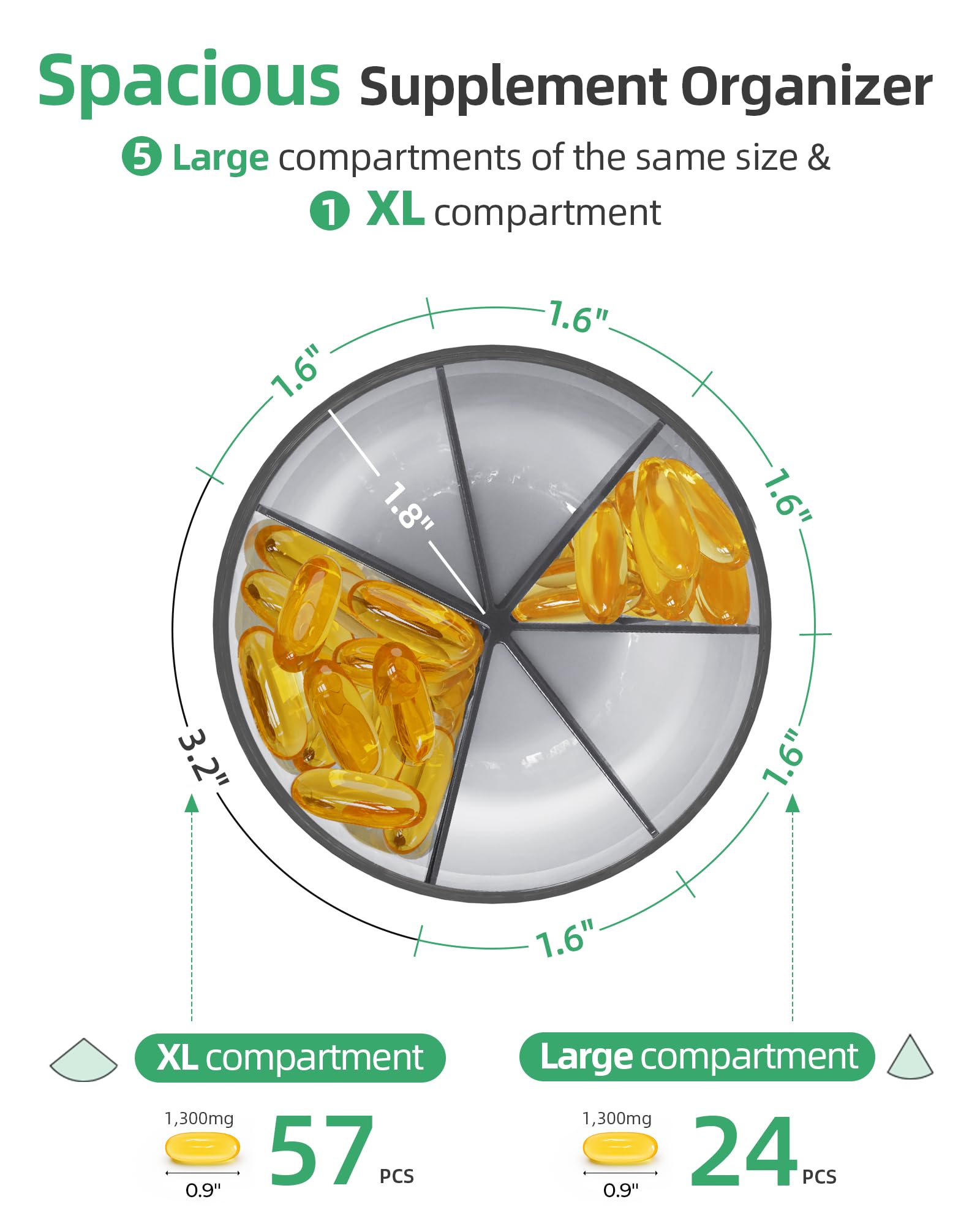 PULIV supplement case top down view highlighting the rotating lid and wide openings for easy pill dispensing.