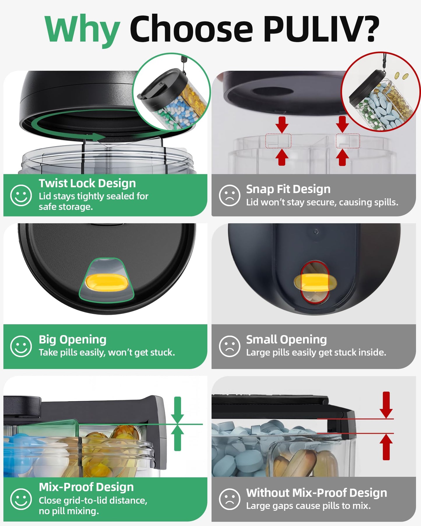 PULIV portable vitamin storage container being carried comfortably by its heavy duty nylon handle strap.
