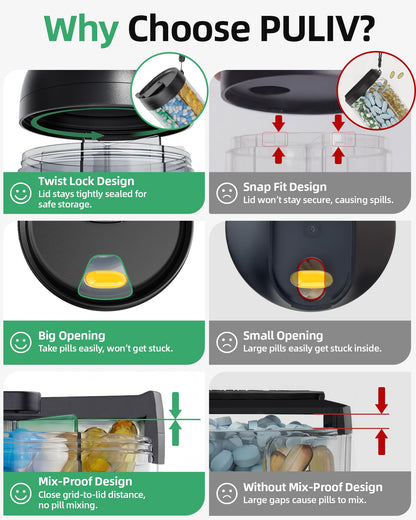PULIV portable vitamin storage container being carried comfortably by its heavy duty nylon handle strap.