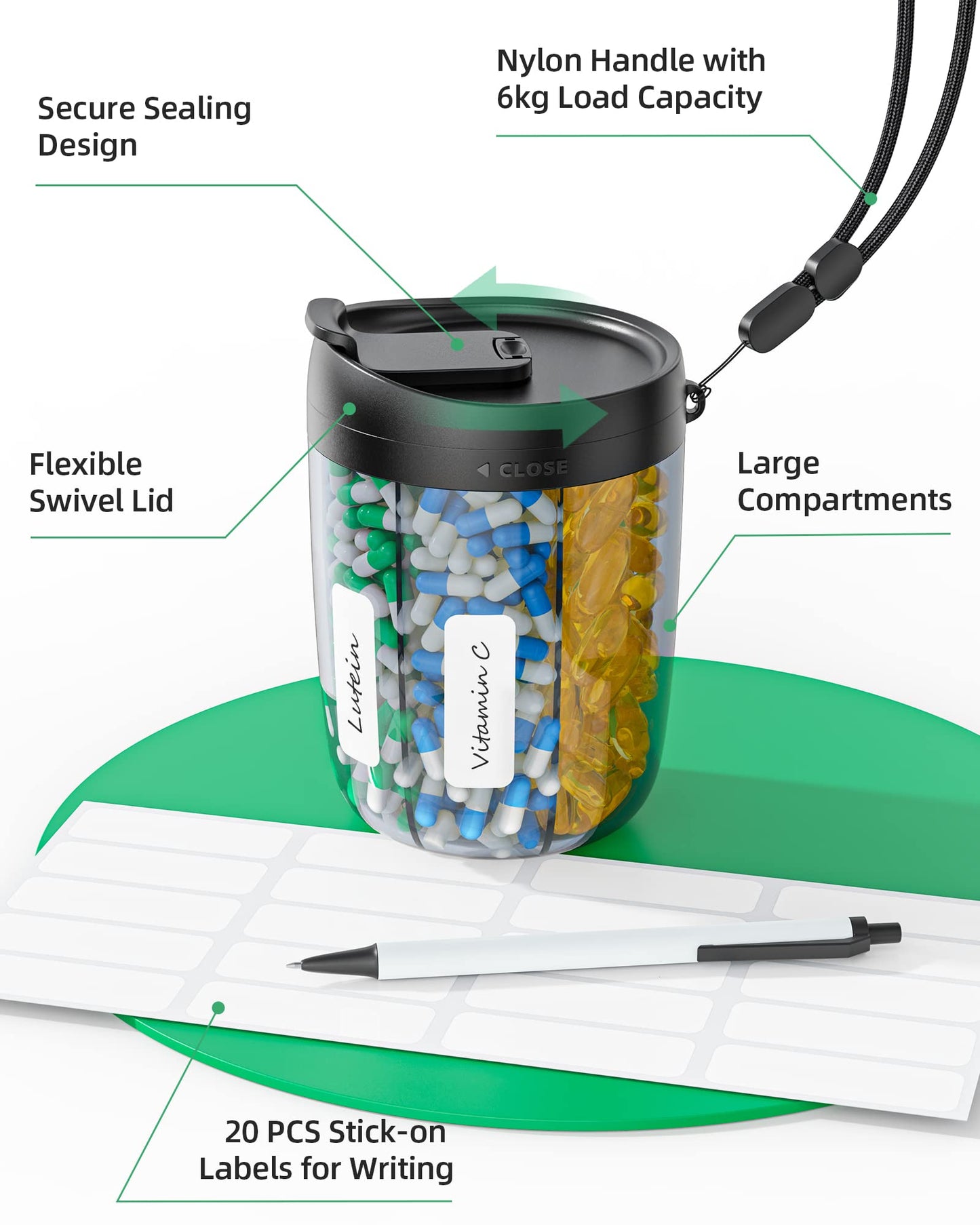 PULIV BPA free supplement organizer disassembled to show the easy to clean internal grids and food grade material construction.