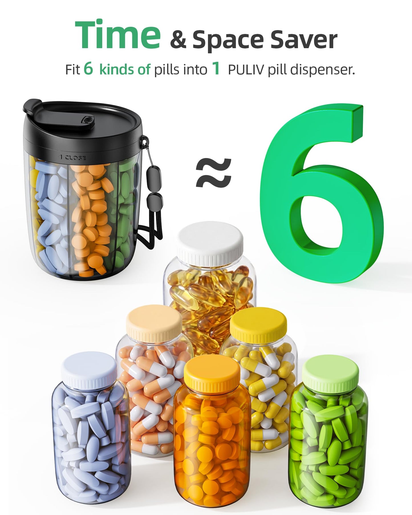 PULIV jumbo medication organizer compared alongside multiple standard supplement bottles to highlight space saving benefits.