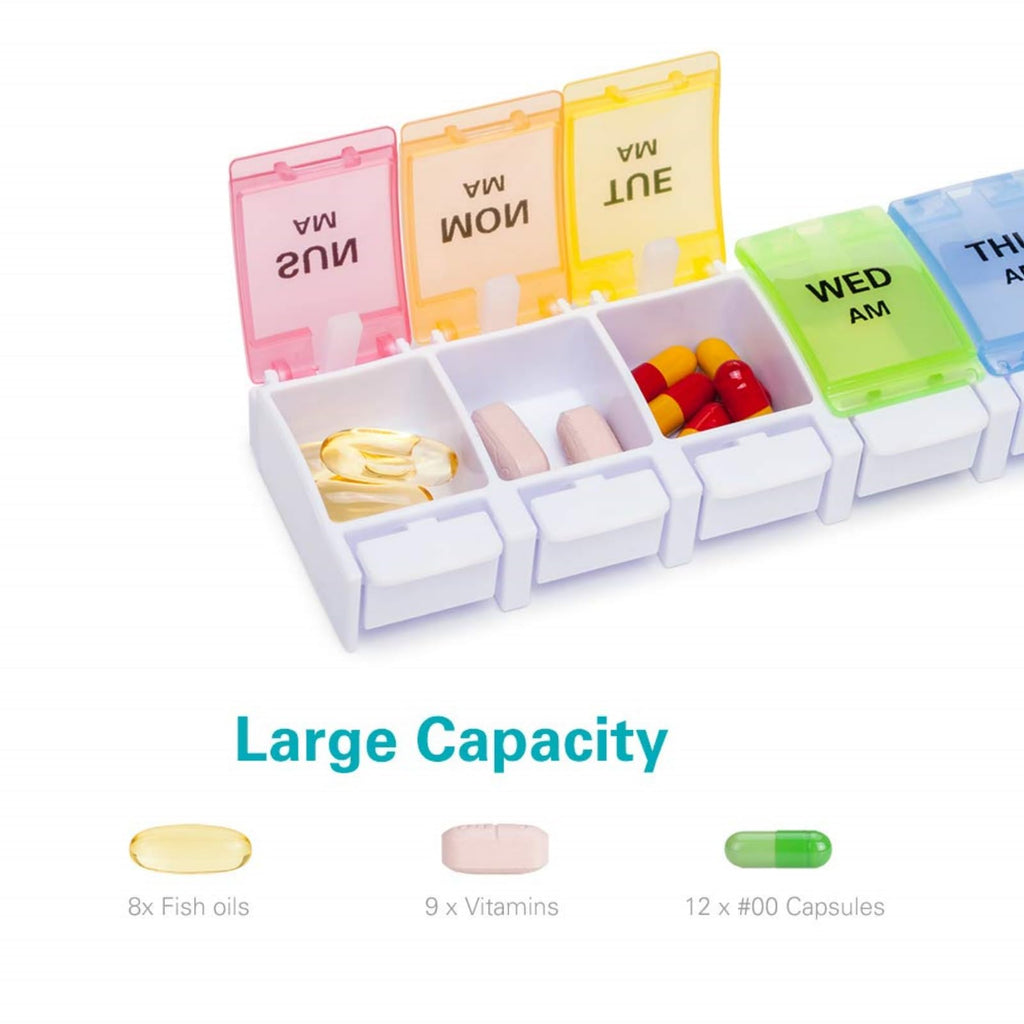 BPA free daily supplement planner with secure moisture resistant snap lids.