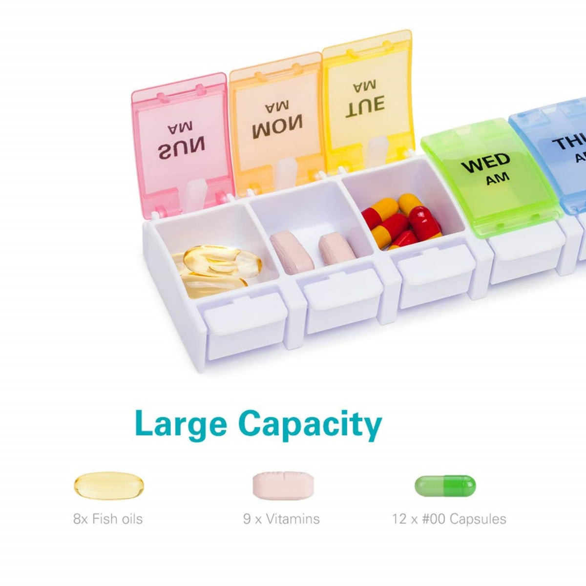 BPA free daily supplement planner with secure moisture resistant snap lids.