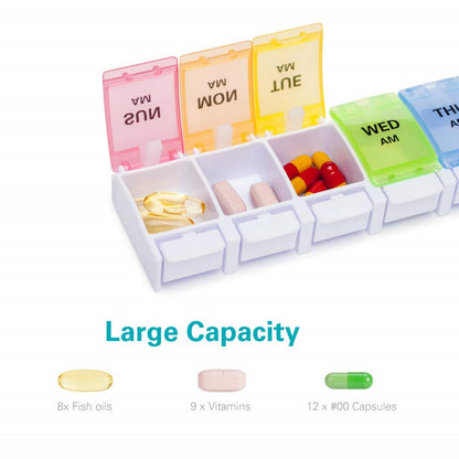 BPA free daily supplement planner with secure moisture resistant snap lids.