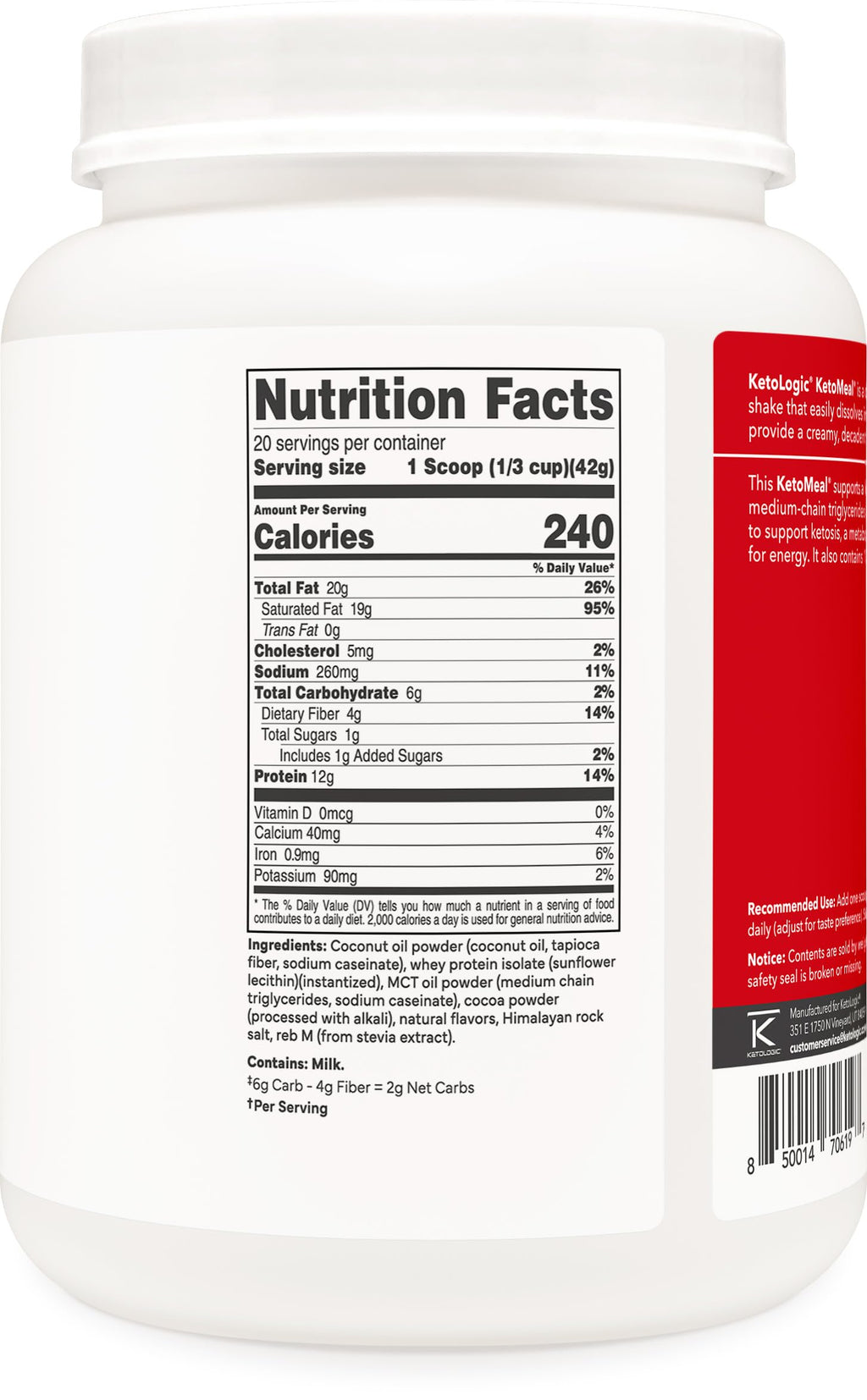 Ketologic low carb chocolate meal shake nutritional facts panel