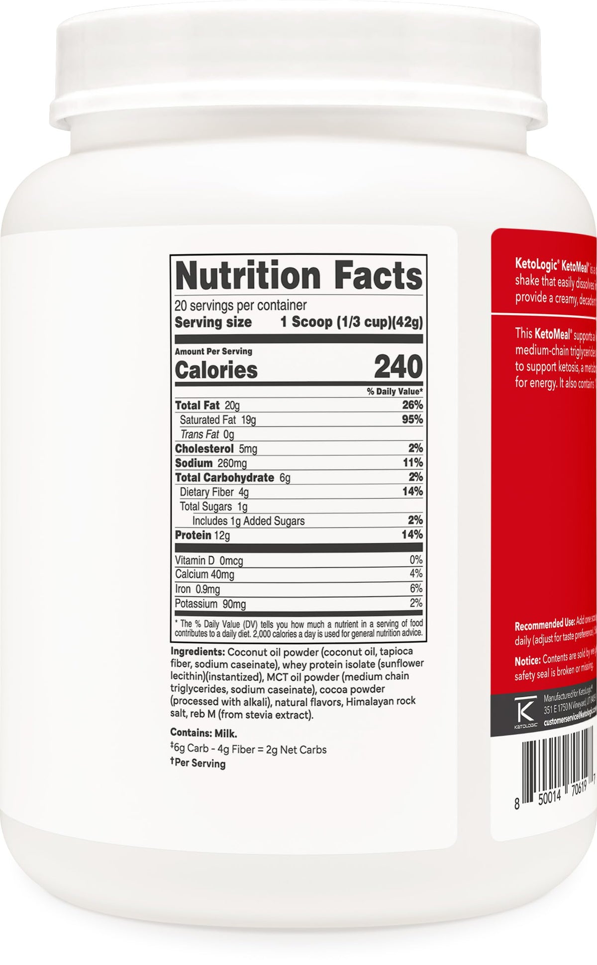 Ketologic low carb chocolate meal shake nutritional facts panel
