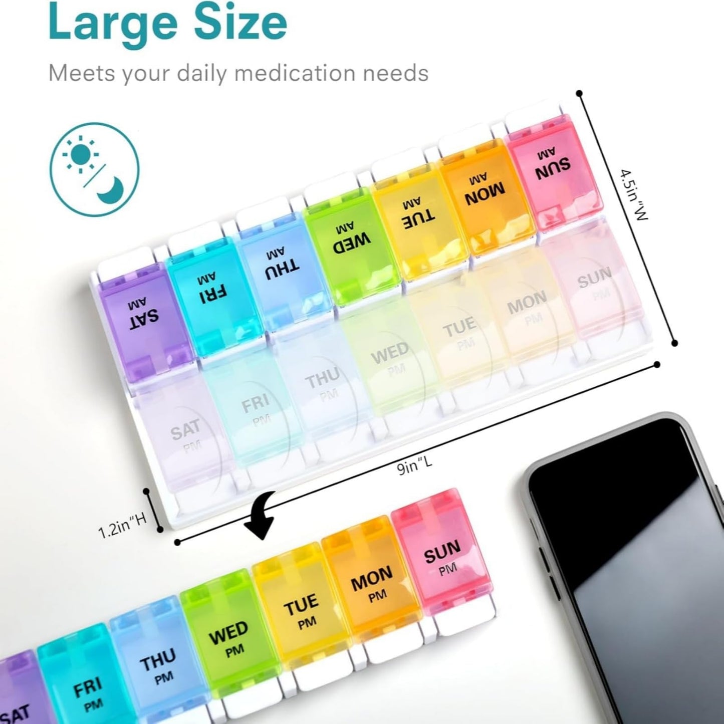 Close up view of the spring assisted button design on the rainbow medicine case.