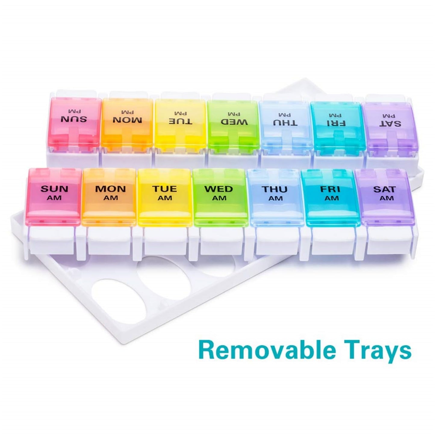 Travel friendly weekly medication holder with bold clear labels for Indian consumers.
