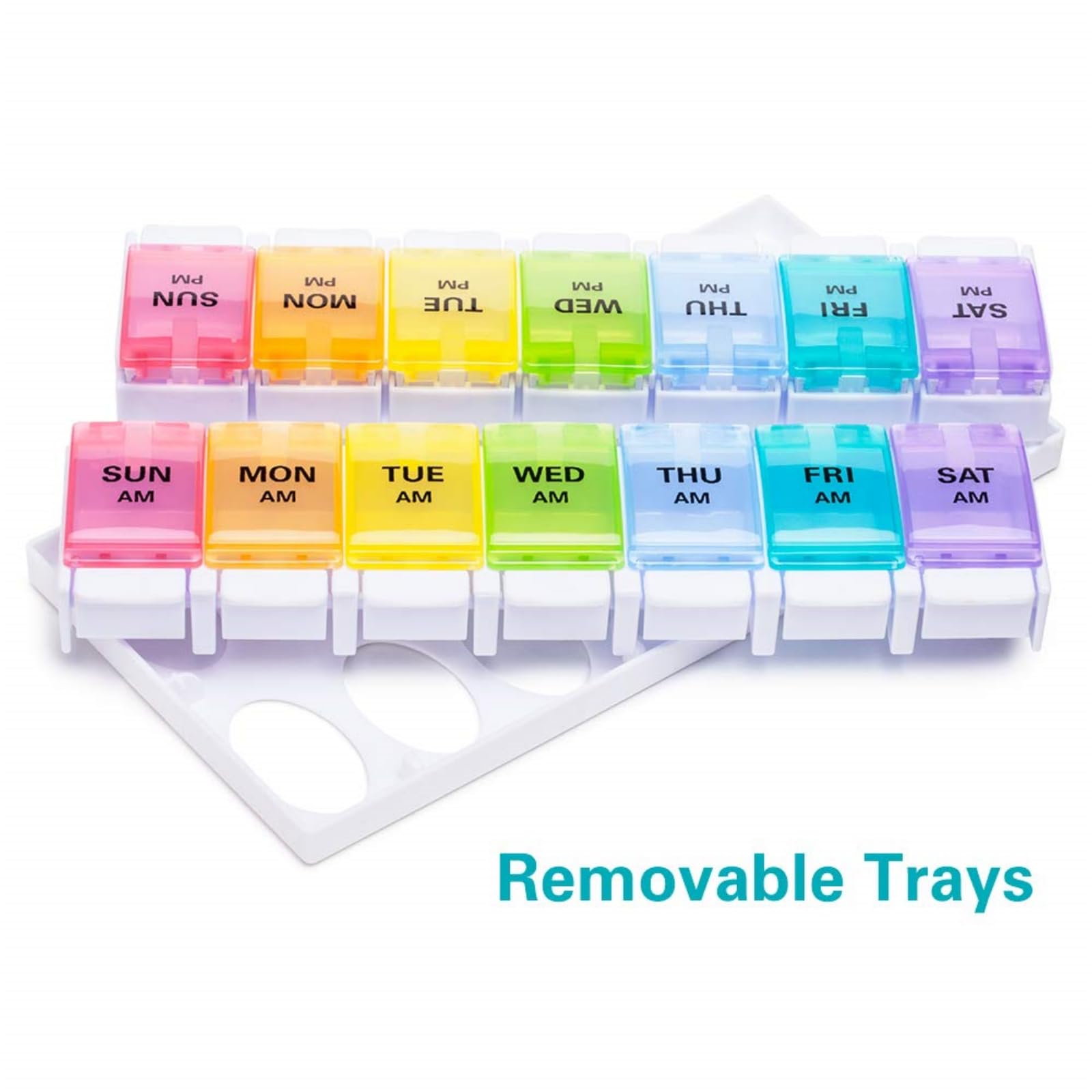 Travel friendly weekly medication holder with bold clear labels for Indian consumers.