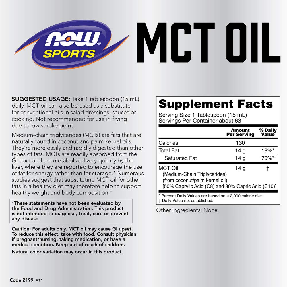 NOW Foods medium chain triglycerides unflavoured supplement nutritional facts side view