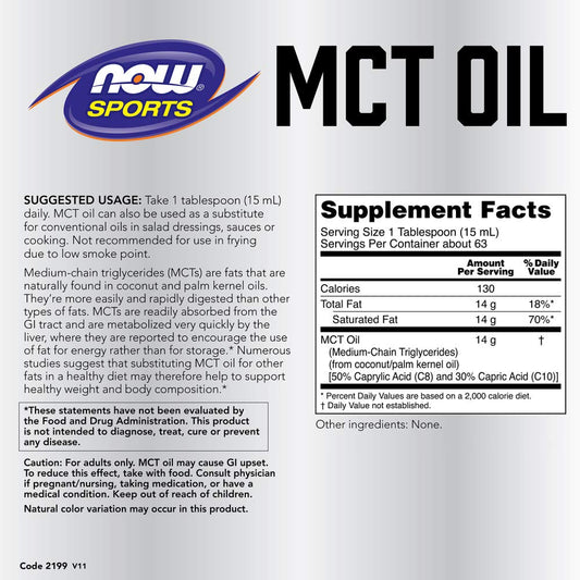 NOW Foods medium chain triglycerides unflavoured supplement nutritional facts side view