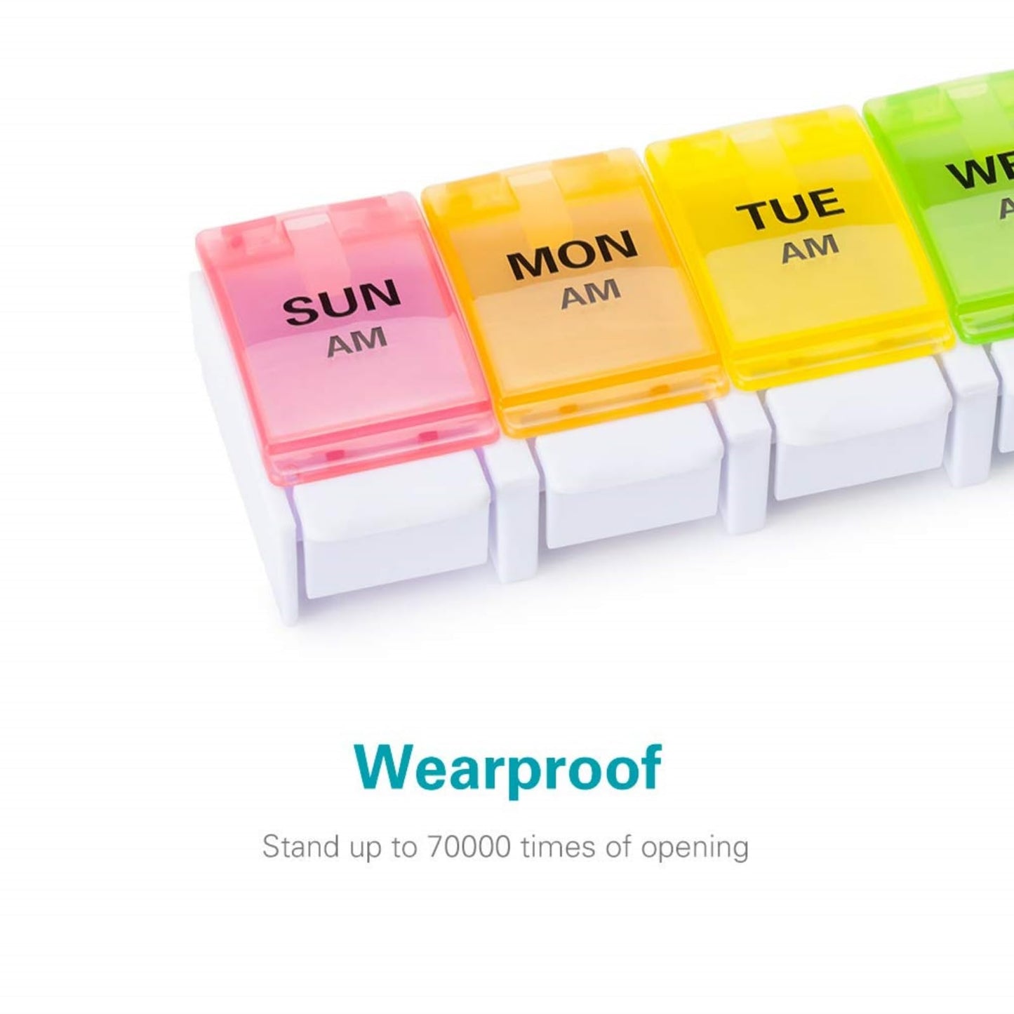 Food grade plastic daily pill reminder container organized by day and night rows.