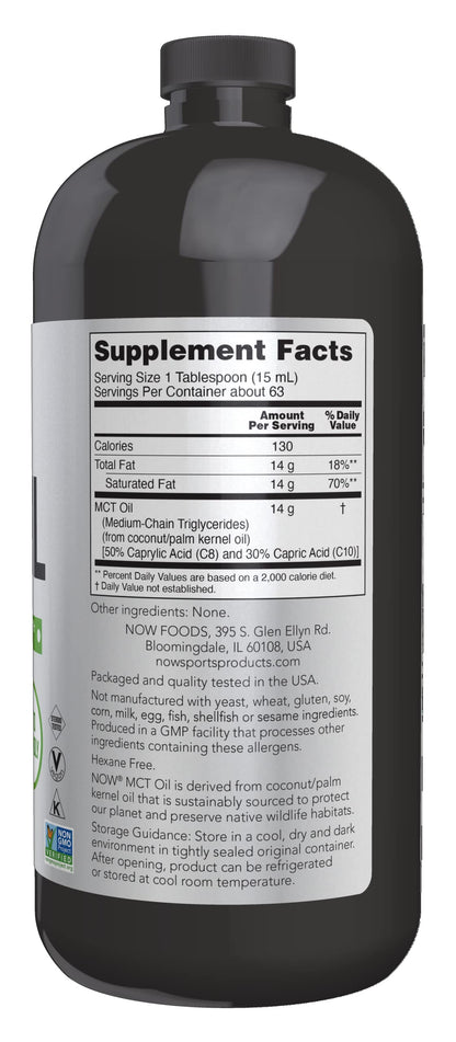NOW Foods Medium Chain Triglycerides liquid supplement bottle back label displaying nutritional facts and serving directions.