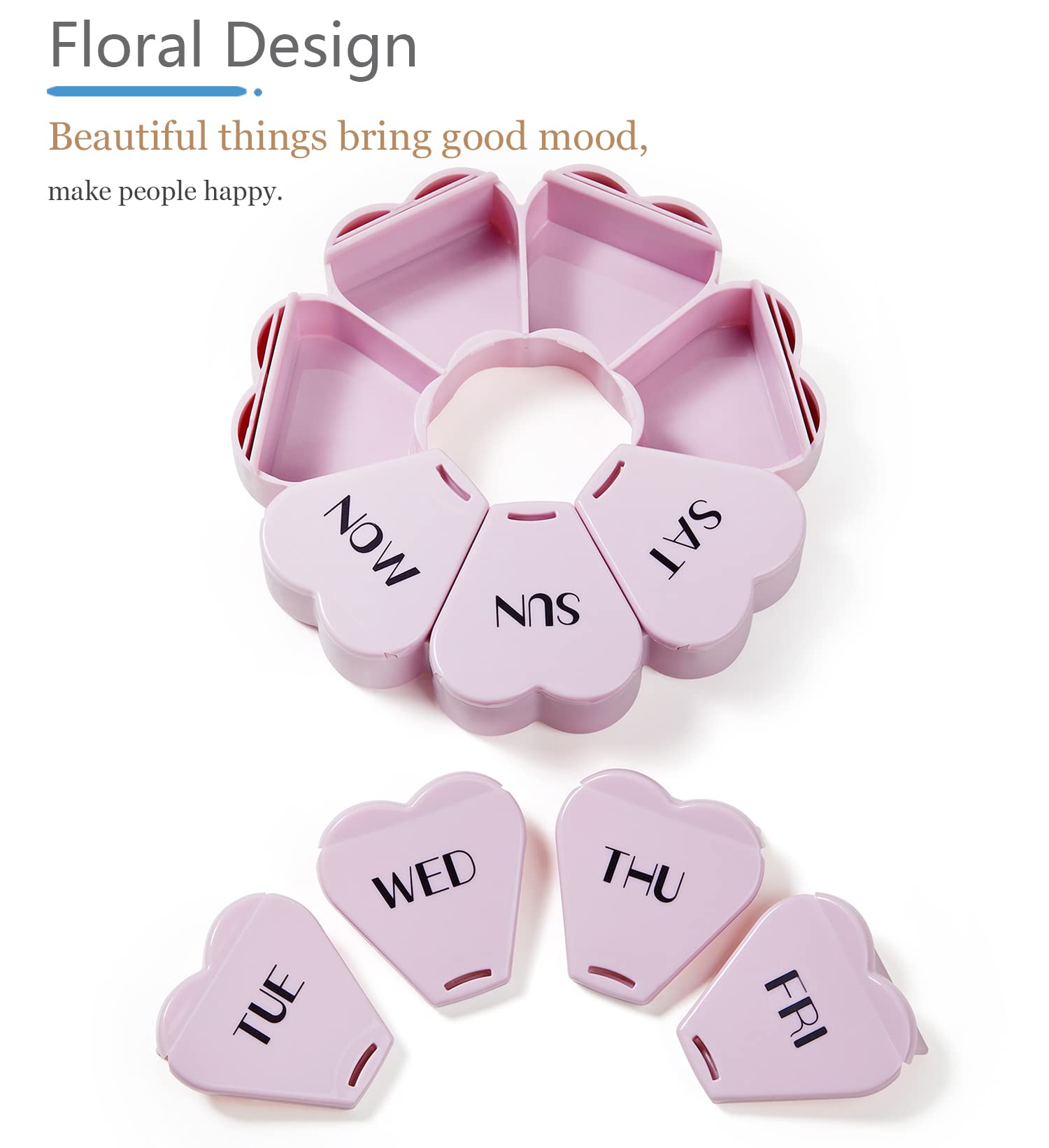 MOLN HYMY cute seven day medicine case open compartments with daily labels.