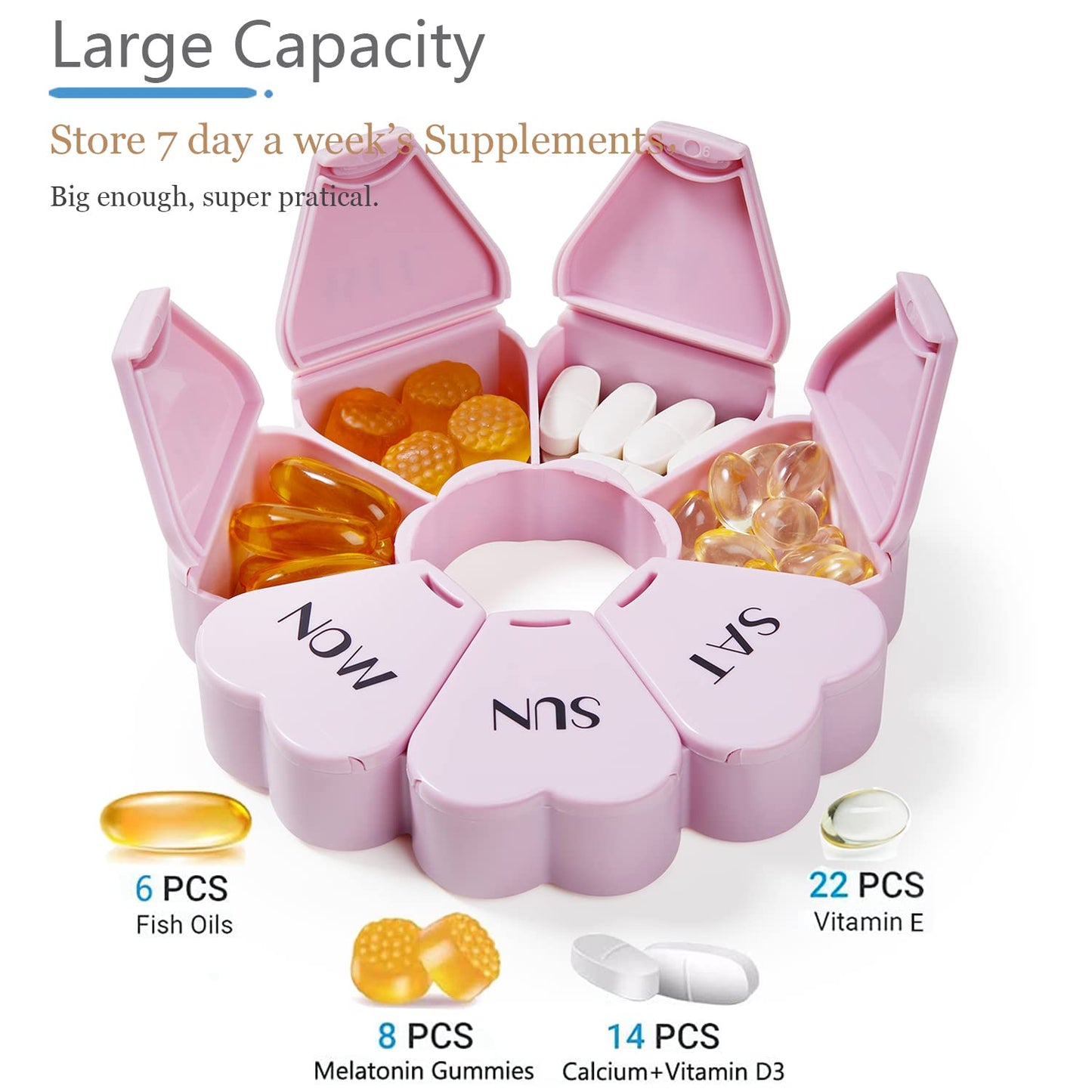 MOLN HYMY large capacity weekly supplement dispenser filled with fish oils.
