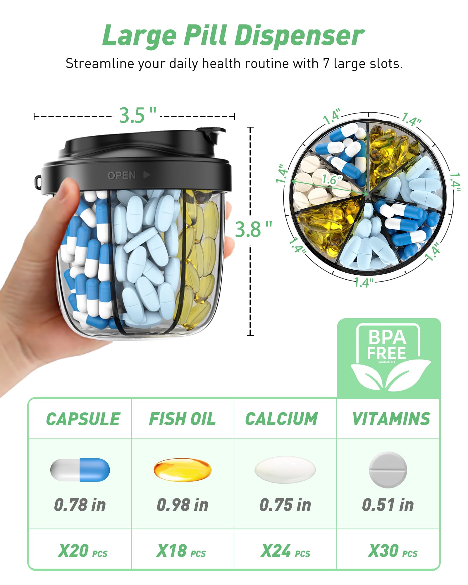 Weekly medicine dispenser with wide opening for easy access to daily vitamins