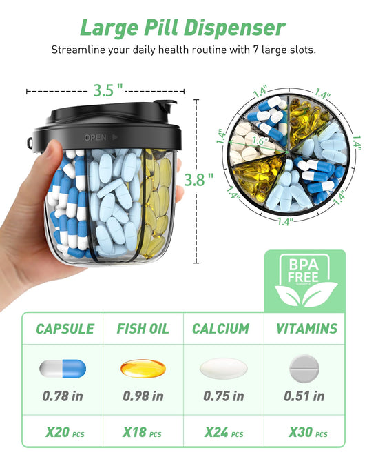 Weekly medicine dispenser with wide opening for easy access to daily vitamins