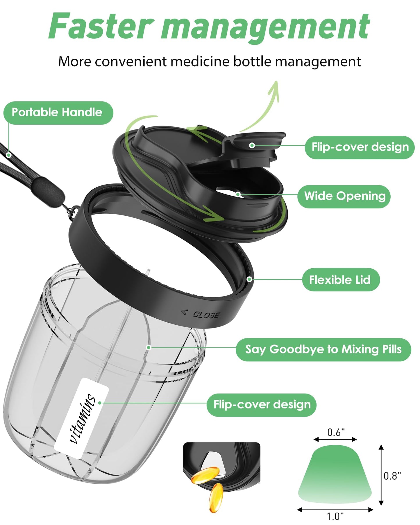 Portable 7 day supplement holder with anti mix dividers showing large storage slots