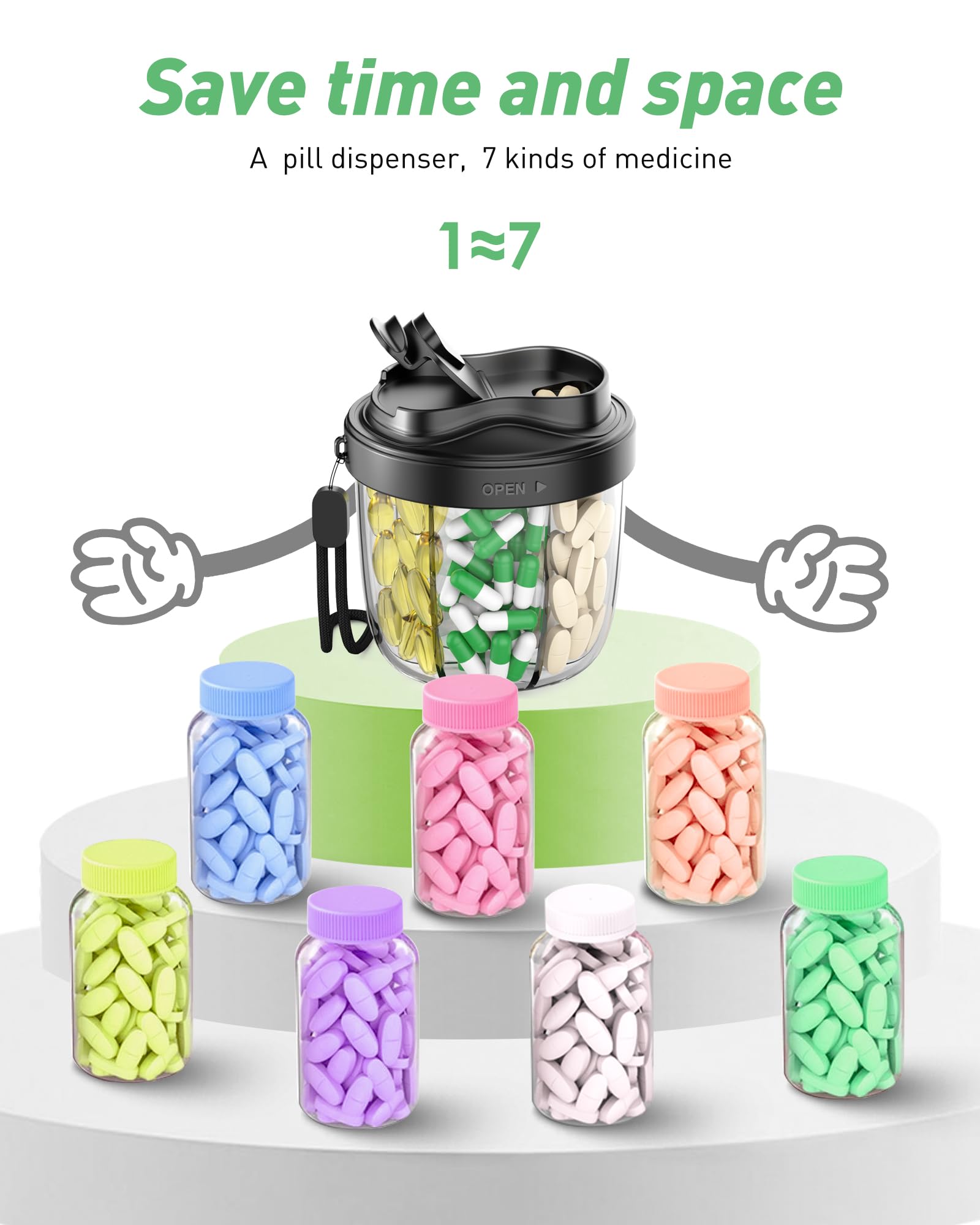 Compact round travel pill box displayed next to custom blank labeling stickers