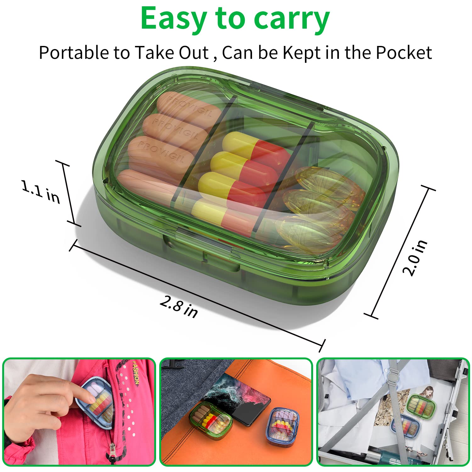 TecQach portable medicine container open showing the three adjustable storage compartments.