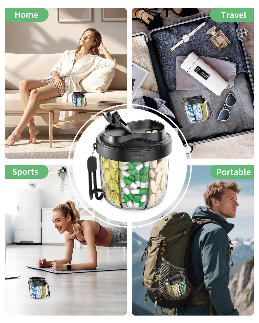 BPA free plastic weekly medication case demonstrating the secure rotating lid system