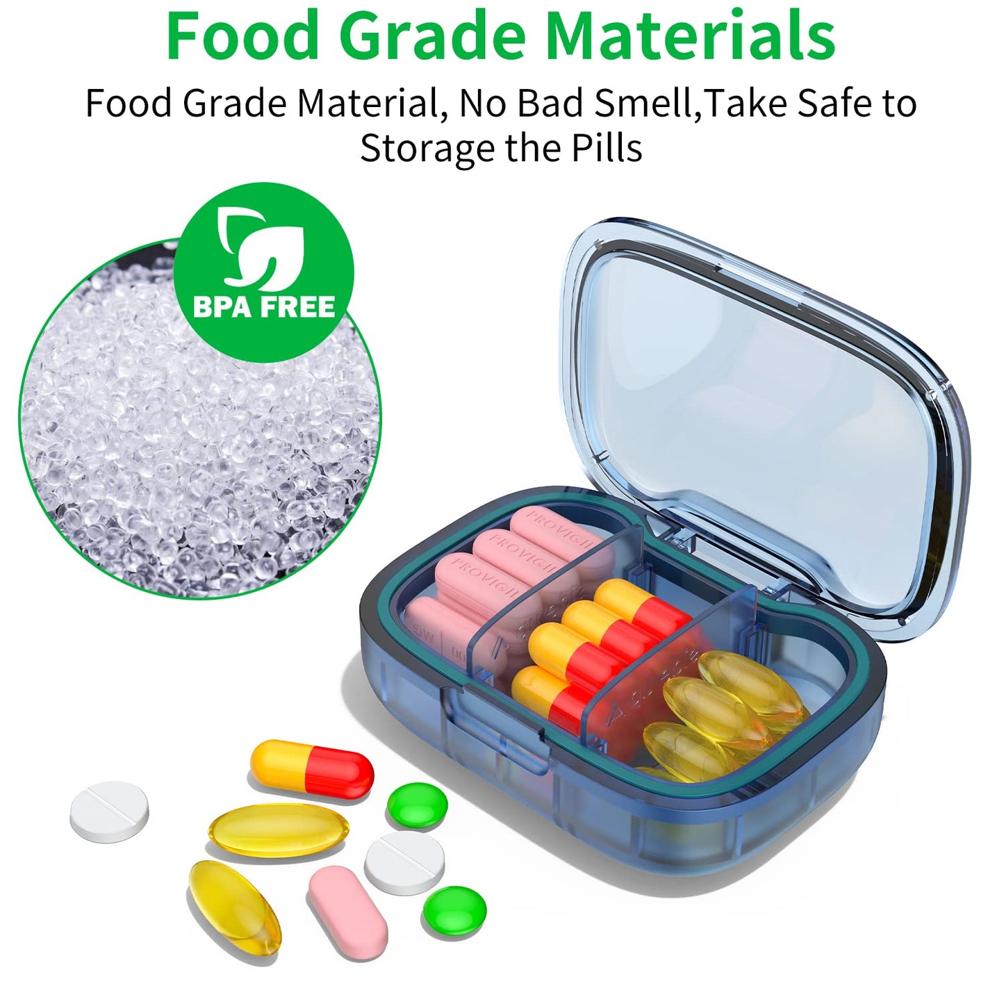TecQach fish oil organizer with secure anti spill buckle mechanism in a closed position.