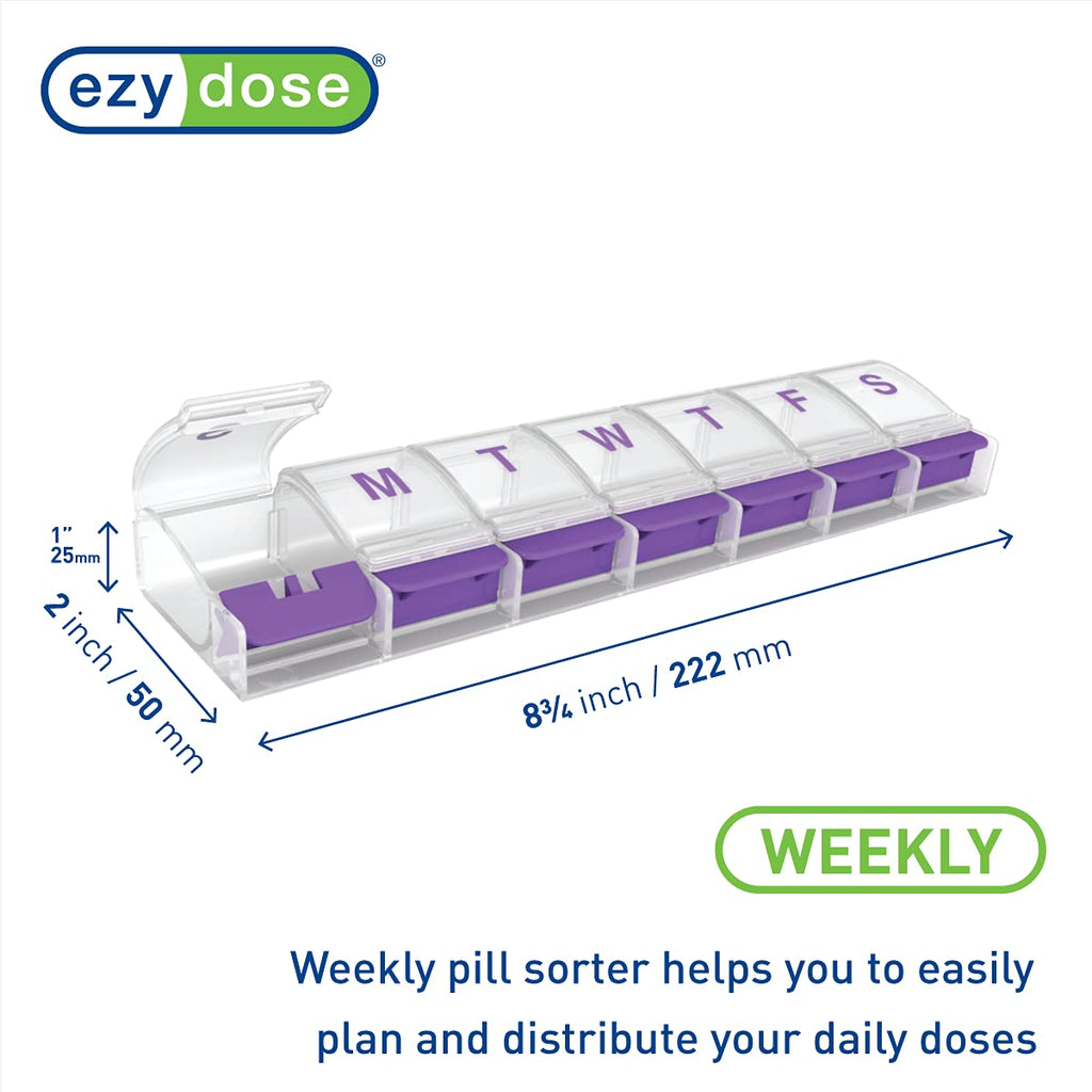 Ezy Dose Medicine Planner with one compartment popped open demonstrating the arthritis friendly button mechanism.