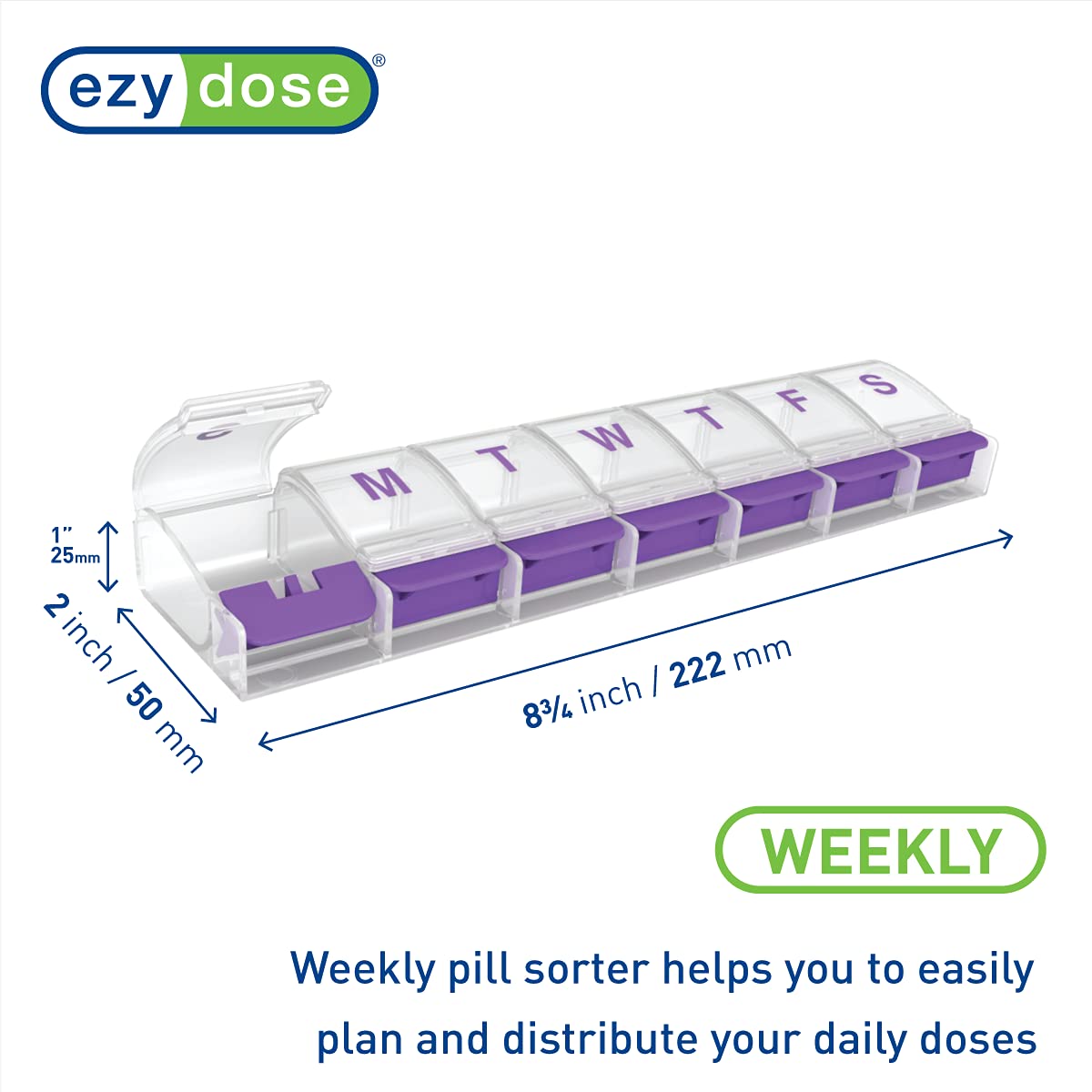 Ezy Dose Medicine Planner with one compartment popped open demonstrating the arthritis friendly button mechanism.