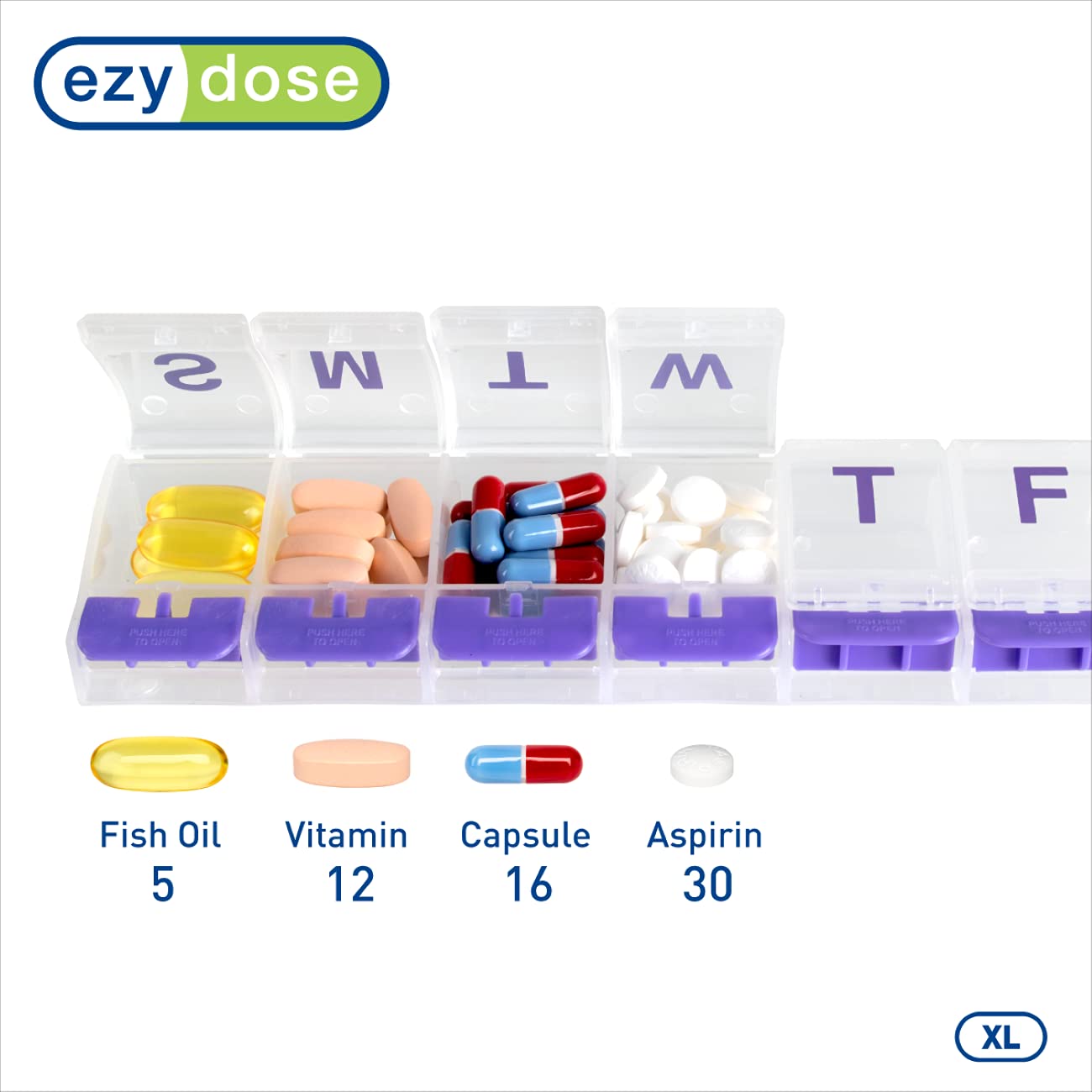 Side view of the Ezy Dose Daily Vitamin Organizer Box highlighting the extra large capacity slots.