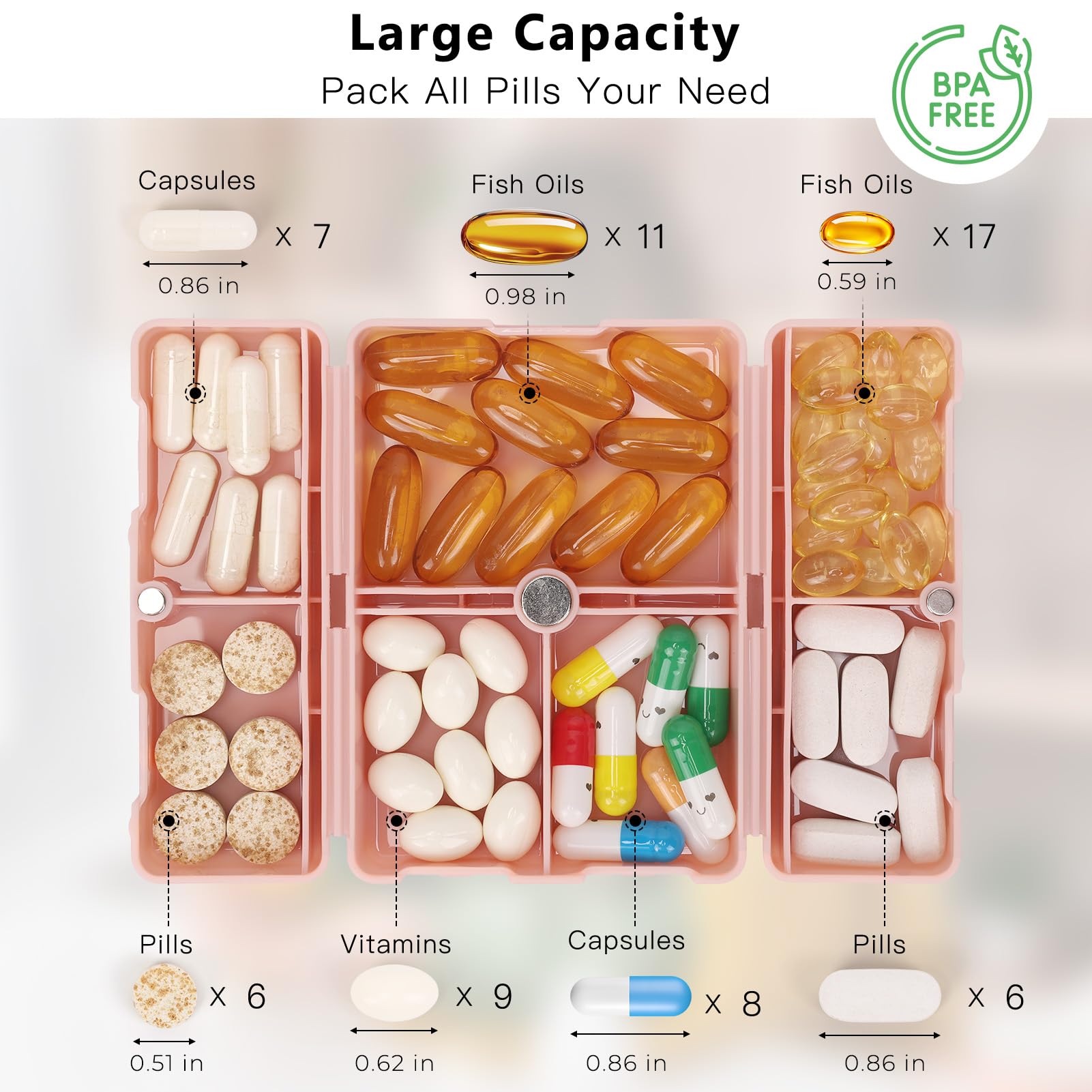 FYY compact pill box showing semi-translucent lids for daily supplement visibility.