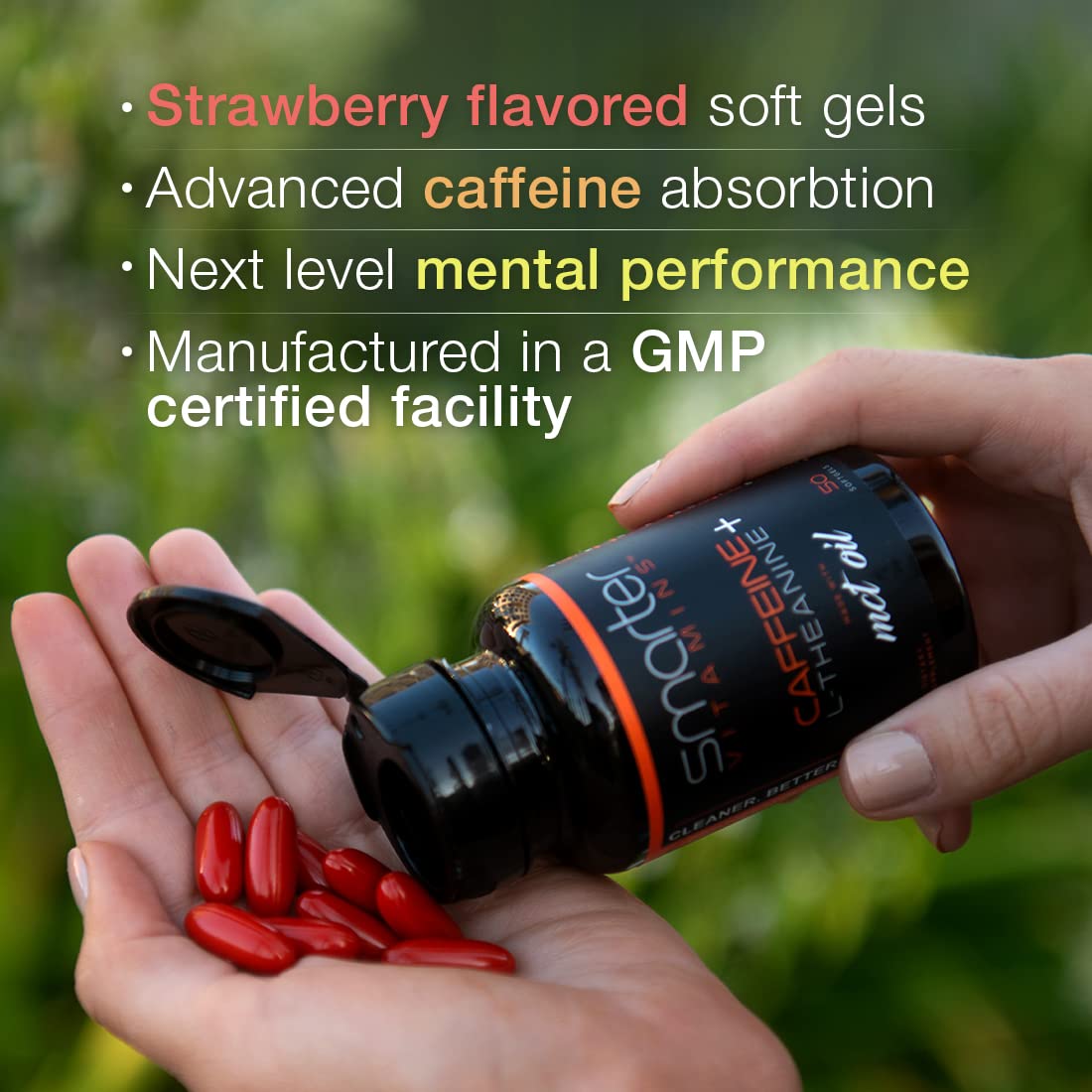 SmarterVitamins Caffeine and L-Theanine one hundred fifty liquid softgels packaging showing supplement facts