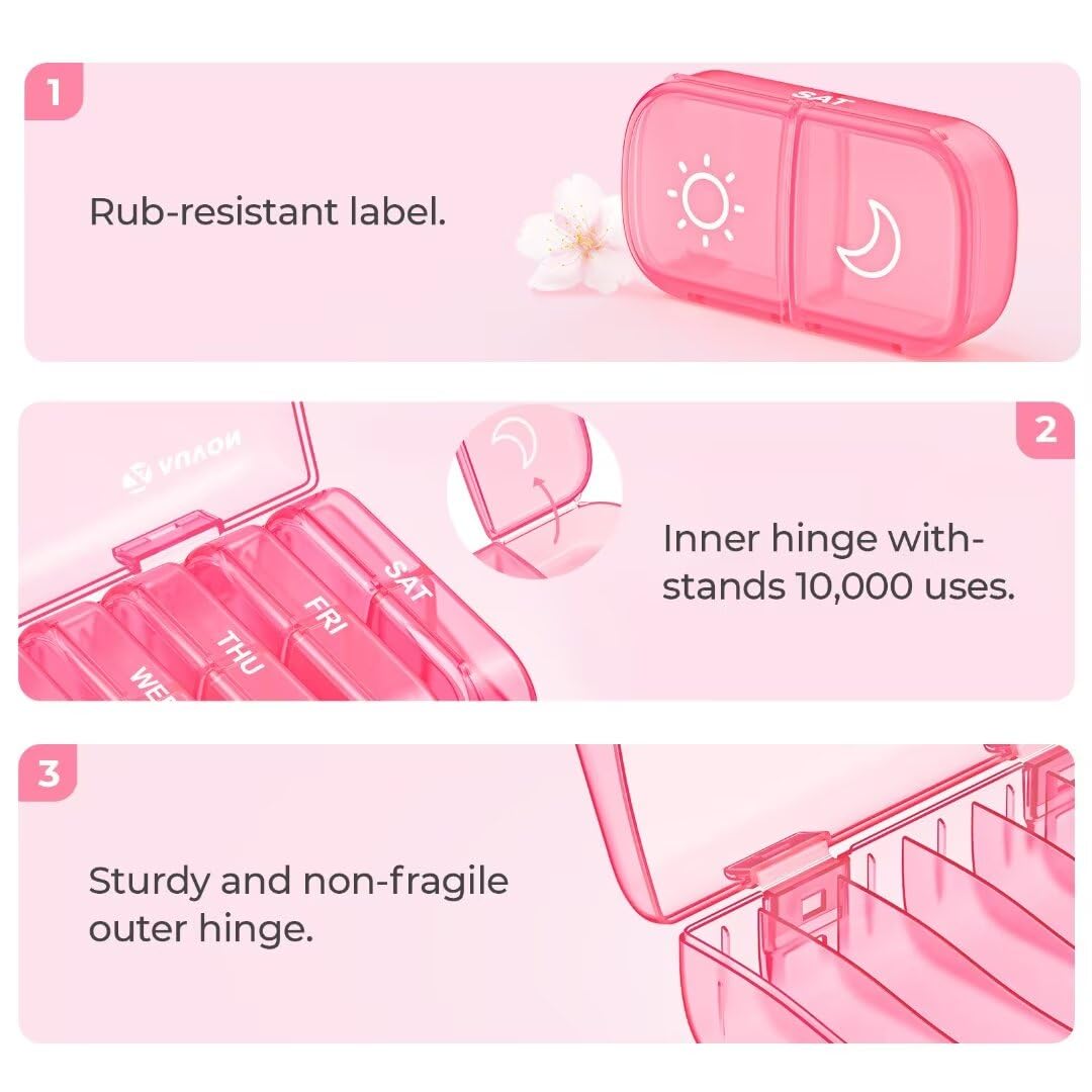 Sun and moon icons clearly printed on pink morning evening medicine slots.