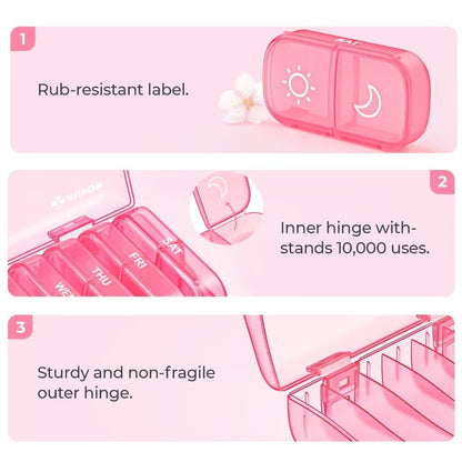 Sun and moon icons clearly printed on pink morning evening medicine slots.