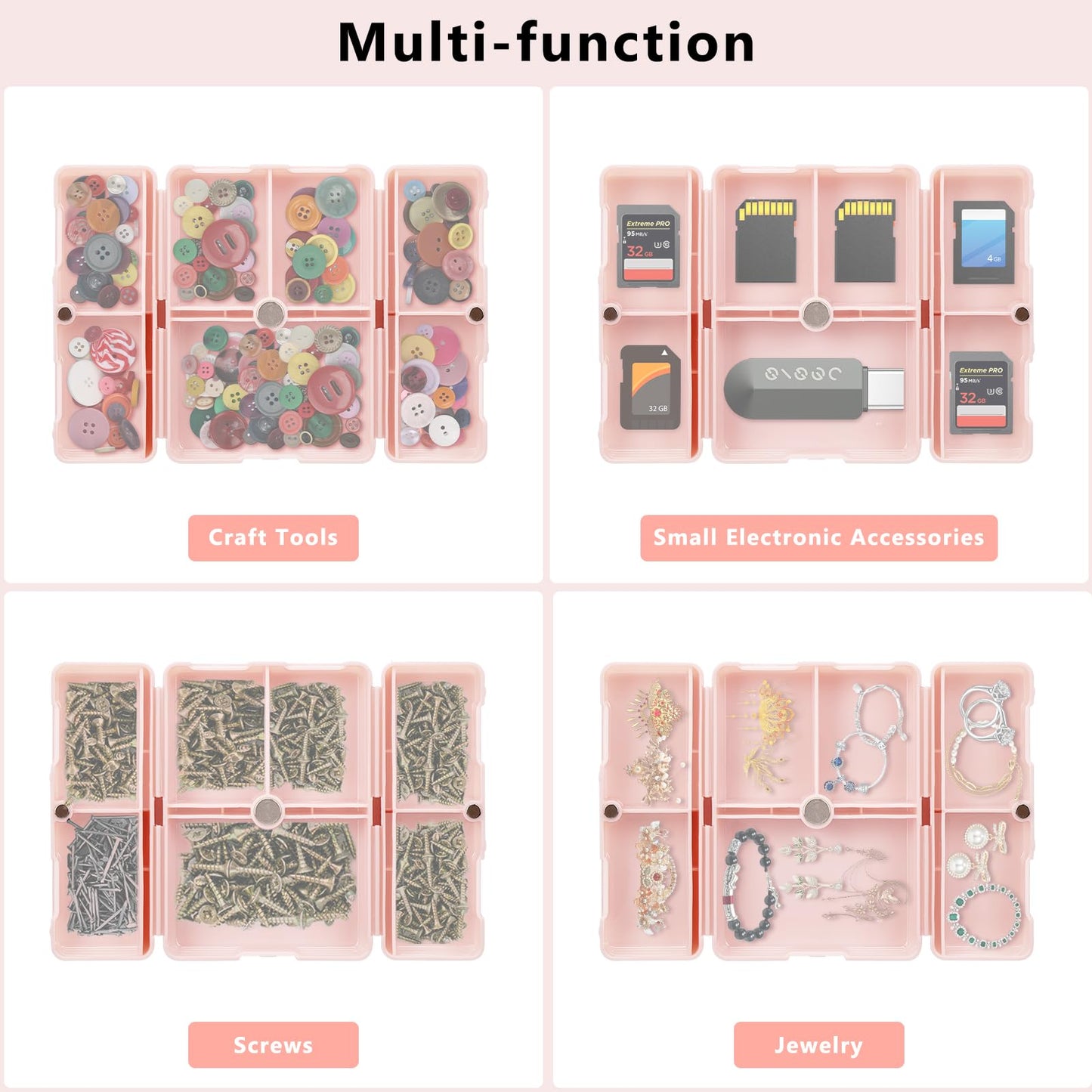 FYY pink travel pill organizer showing exact dimensions for handbag portability.