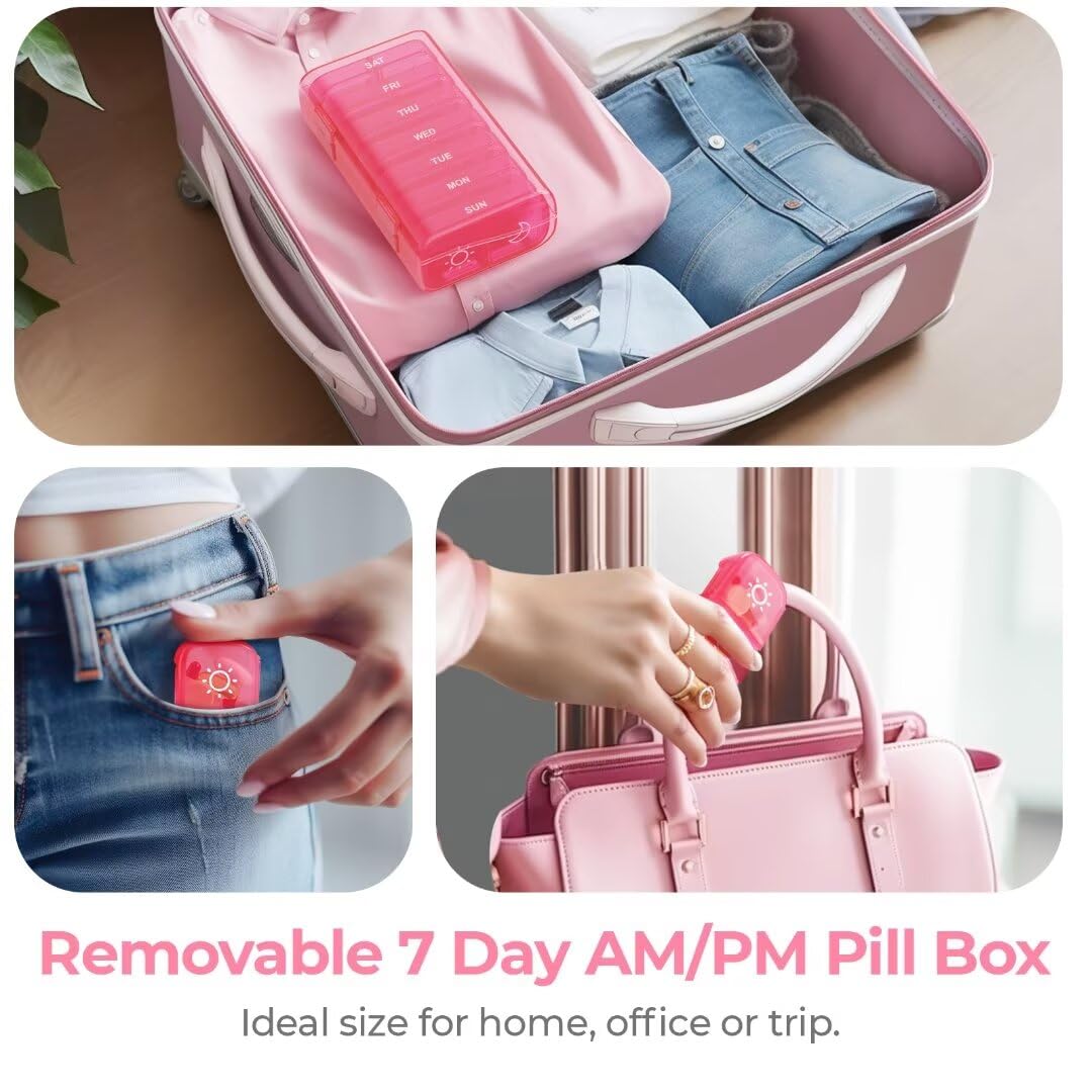 Moisture resistant weekly medication container placed inside a travel bag.