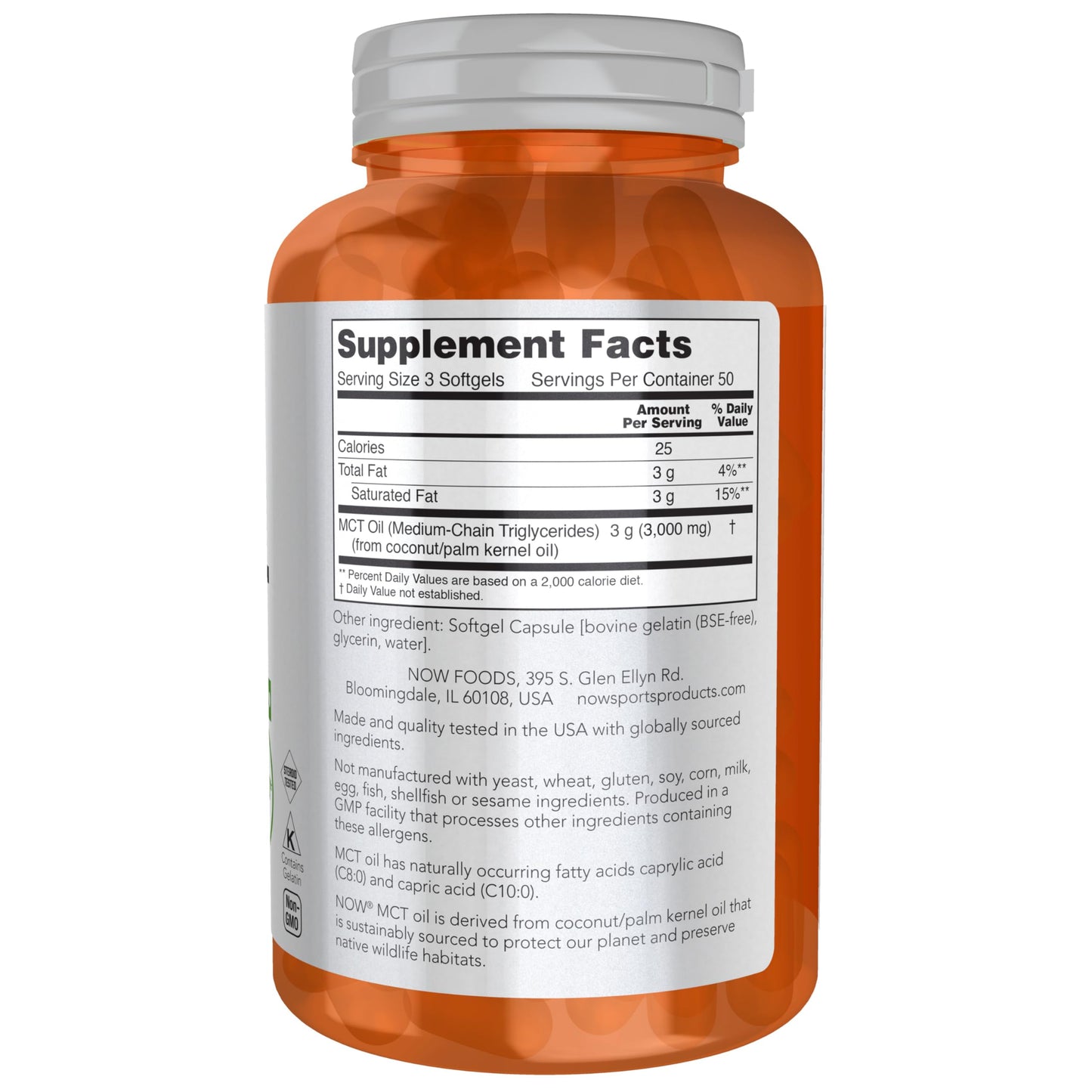 Side angle of NOW Foods medium chain triglycerides dietary supplement for clean energy support.