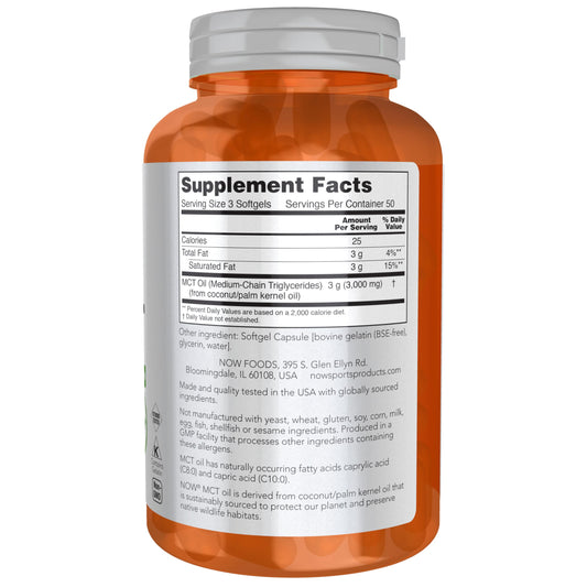 Side angle of NOW Foods medium chain triglycerides dietary supplement for clean energy support.