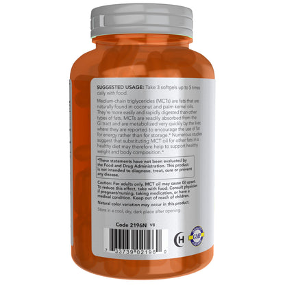 Nutritional facts and ingredient list label on the back of NOW Sports MCT oil softgels bottle.