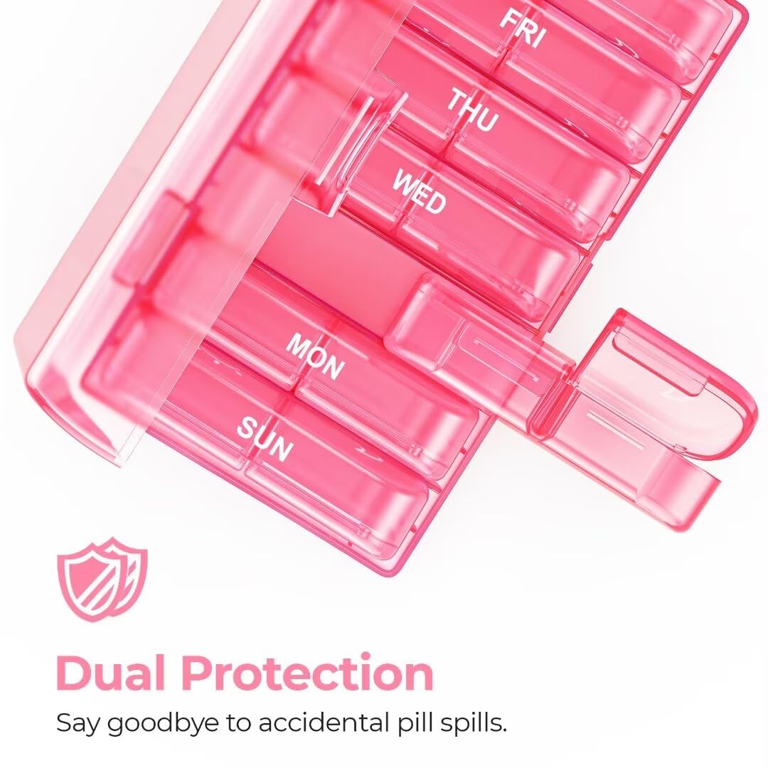 Premium imported travel health pill case layout on a clean countertop surface.