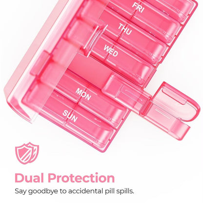 Premium imported travel health pill case layout on a clean countertop surface.